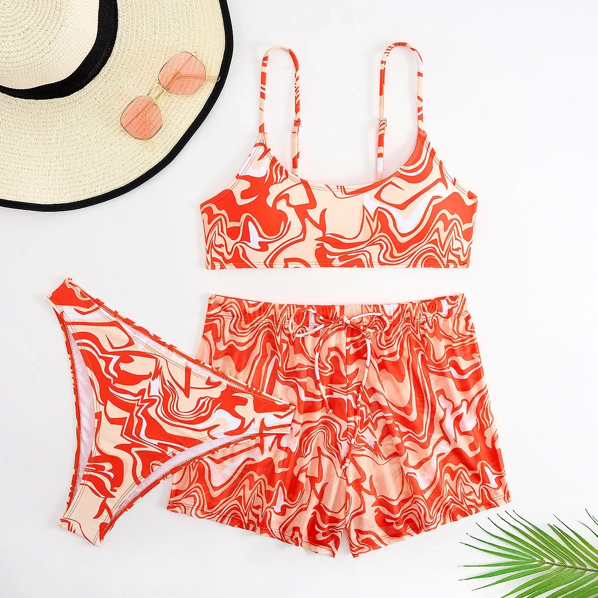 

2025 Новый комплект из 3 предметов, женский купальник-стринги, сексуальный спортивный комплект бикини с шортами с высокой талией, пляжная одежда, купальный костюм оранжевого цвета
