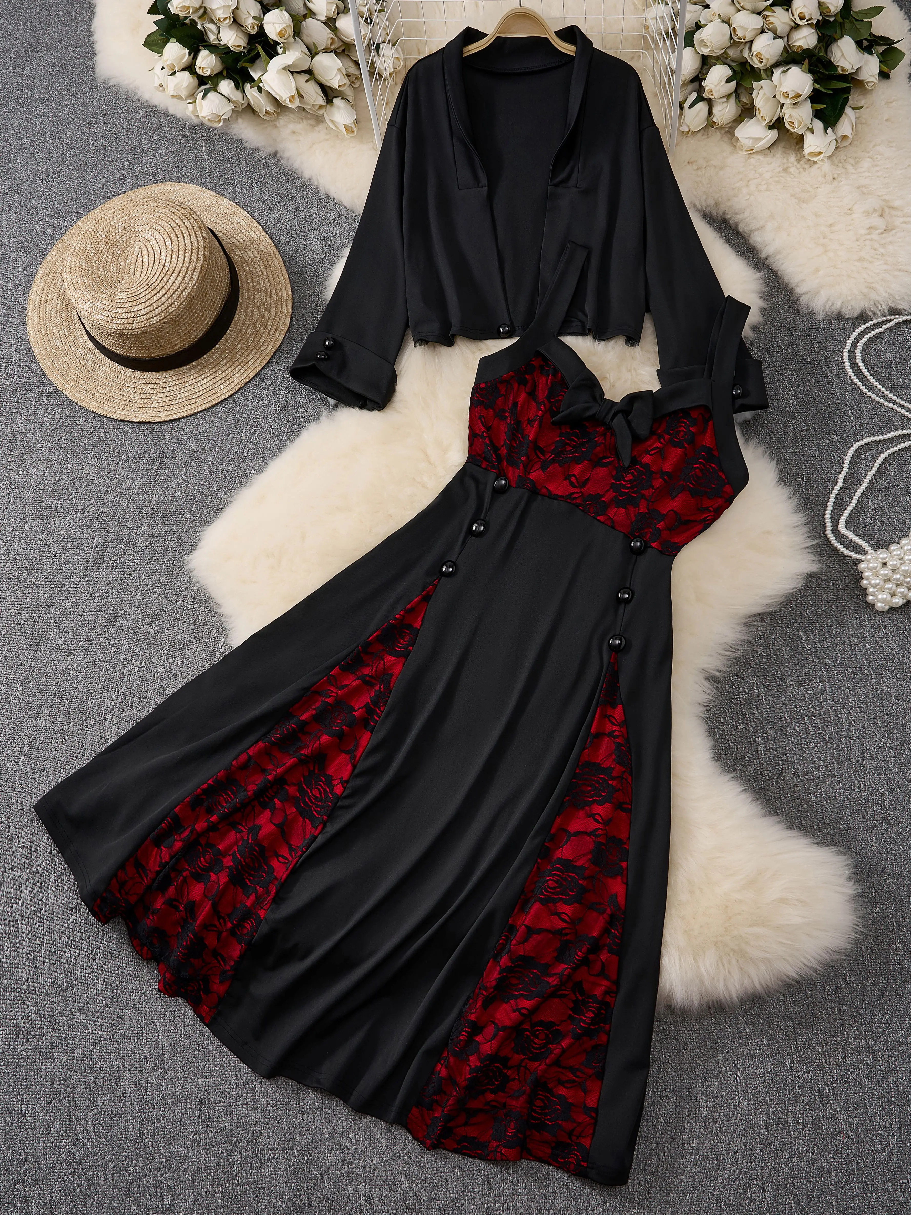 

2PCS Women Vintage Gothic Dress Set Elegant Red Lace Patchwork A Line Swing Dress + Short Bolero Jacket for Cocktail Party