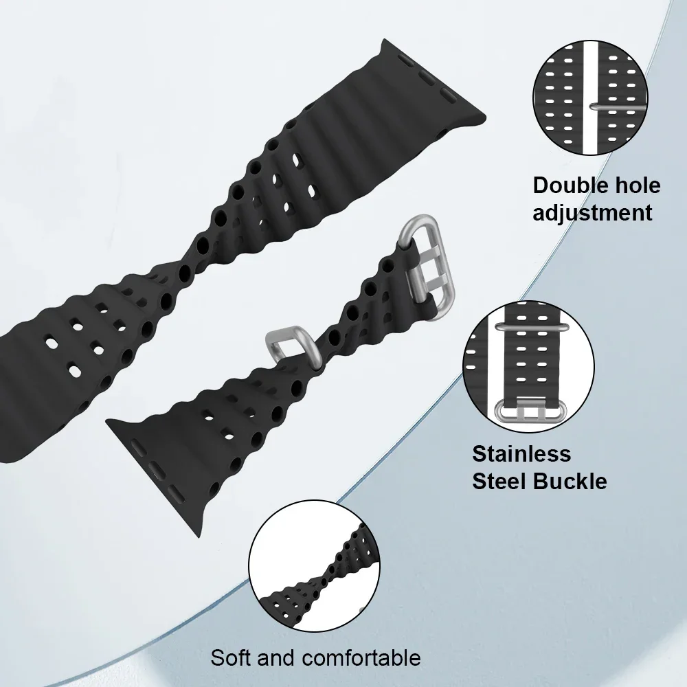 Correa oceánica para Apple Watch Series 10, 9, 7, 8, 5, 6 SE, pulsera de silicona, Correa para iWatch Ultra 49mm 45mm 46mm 42mm 44/40/41mm