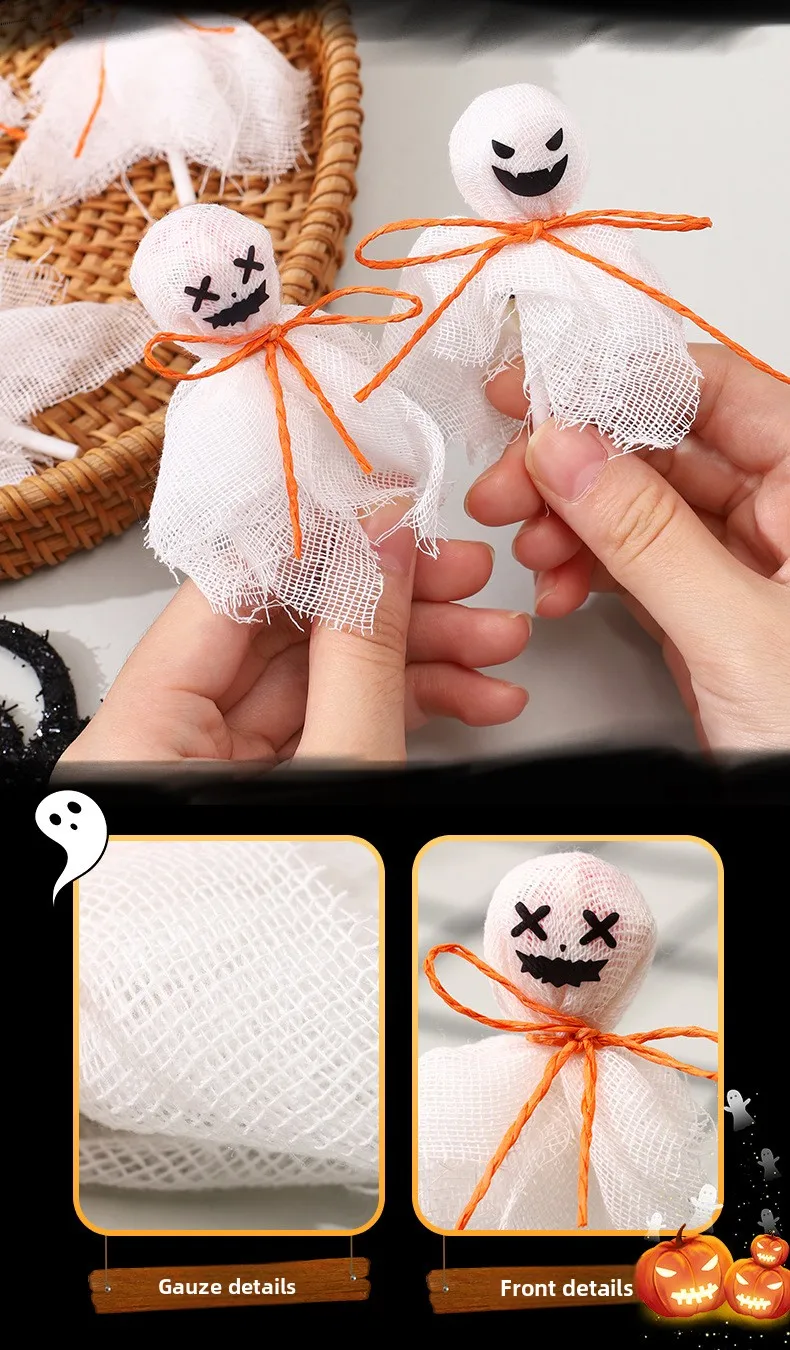 12PCS Halloween Ghost Tissue Craft Kit with Lollipop Decor DIY White Fabric Spooky Party Favor Supplies for Kids Activity