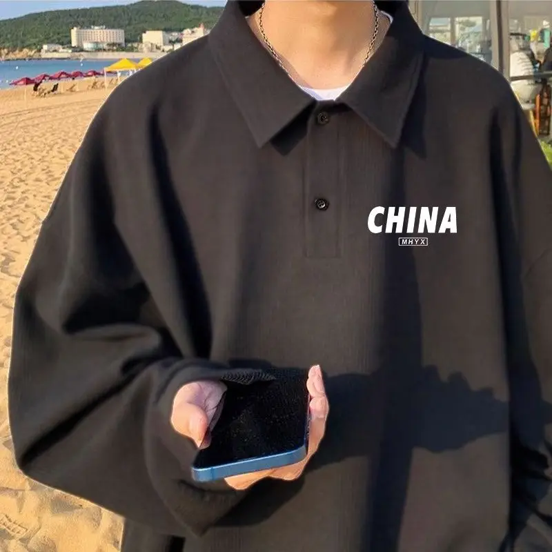 Men Black Polo Shirt 2026 Fall Korean Style Loose Heavyweight Sweatshirt High Street Casual Top