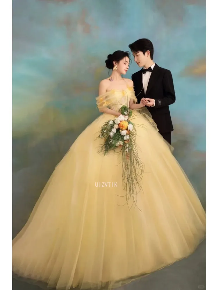 Yellow Simple Wedding Dresses Women Princess Off Shoulder A-Line Floor Length Tulle Korea Photo Shoot Bridal Gown Customized