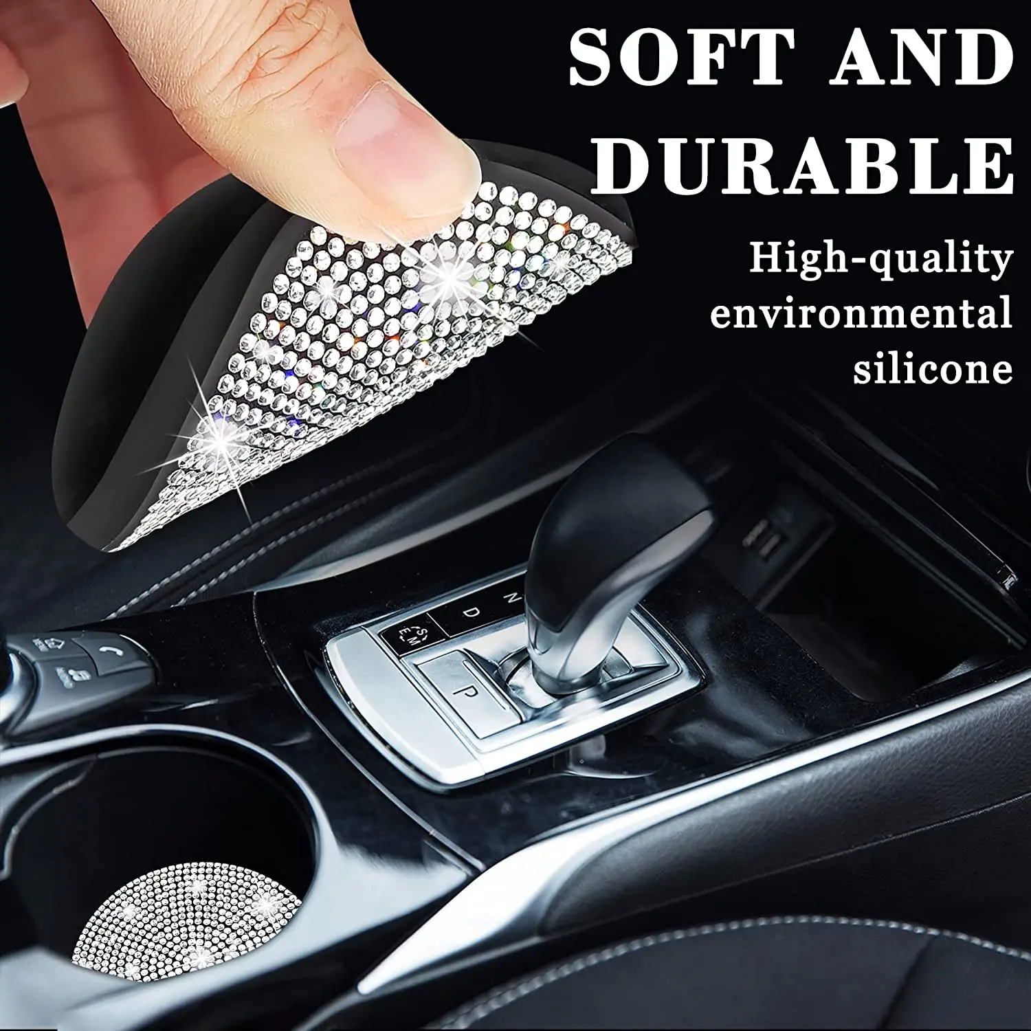 2pcs Cute Bling Car Cup Holder Coaster Mat with Rhinestone for Women Girl Universal Anti Slip Automotive Interior Accessories