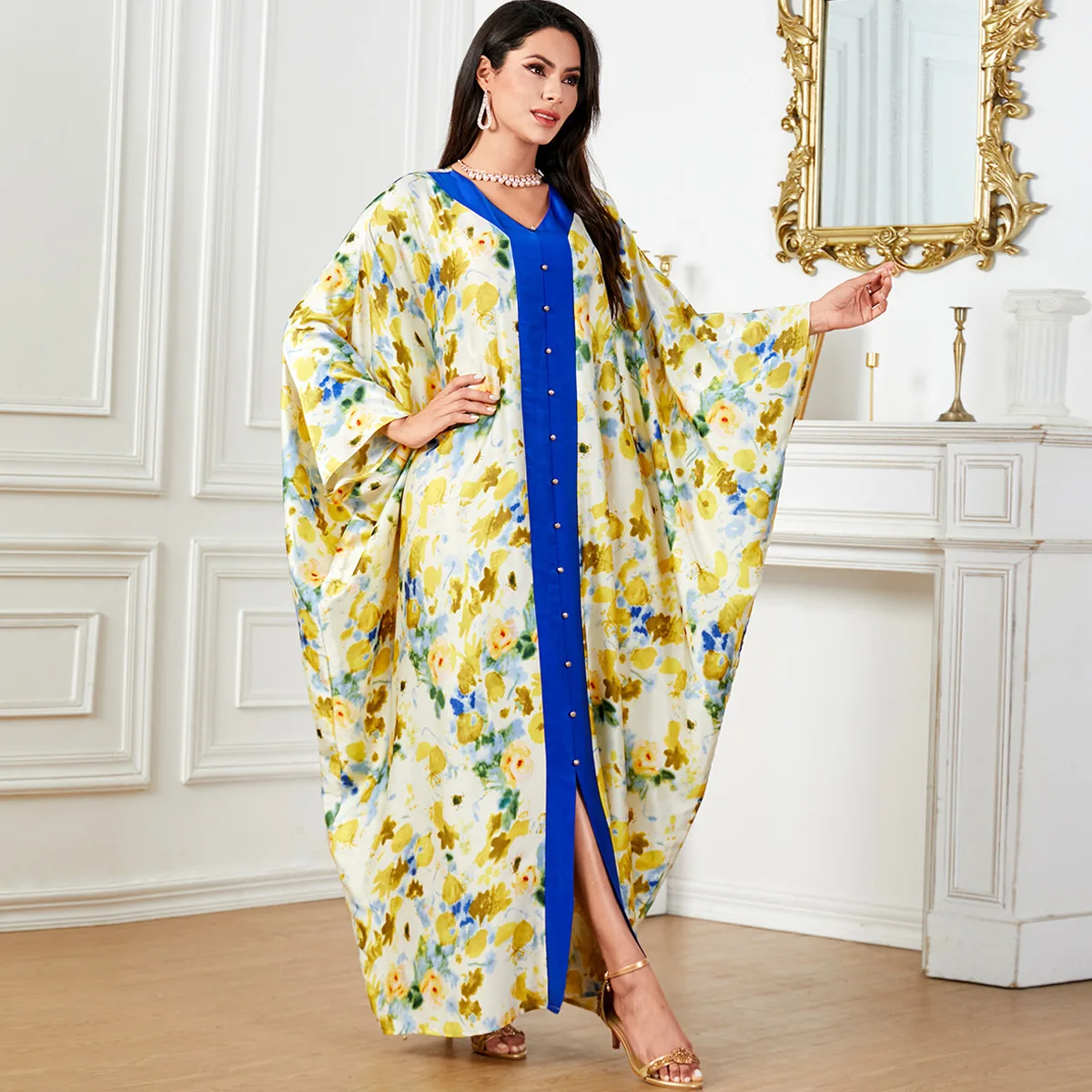 

Fashion Casual Printing Batwing Sleeve Women Dresses V-neck Moroccan Turkish African Kaftan Islam Clothing Saudi Arab Abaya 2024