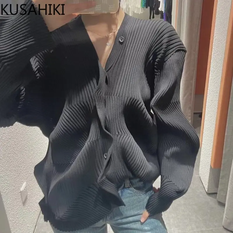 KUSAHIKI Irregular Women Knitted Cardigan 2023 Autumn New Korena Sweater Coat Causal Long Sleeve V-neck Knitwear Tops 6N339