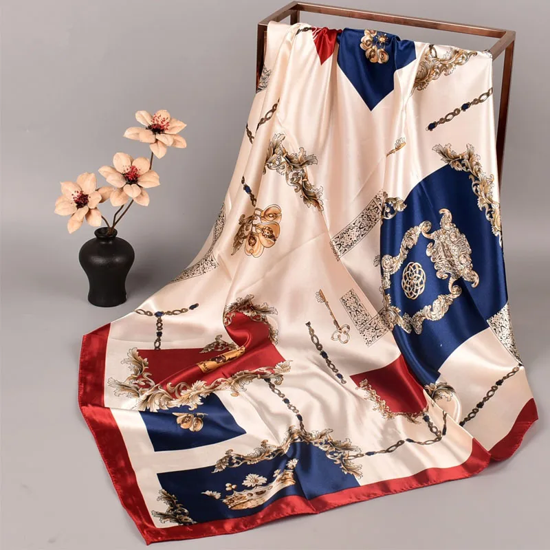 90*90cm Quadratischer Seidenschal für Damen Luxuriöses Design Satin-Druck Hijab Schals Muslimisches Pareo Bandana Damen-Schal Wickeltuch Stirnband Foulard