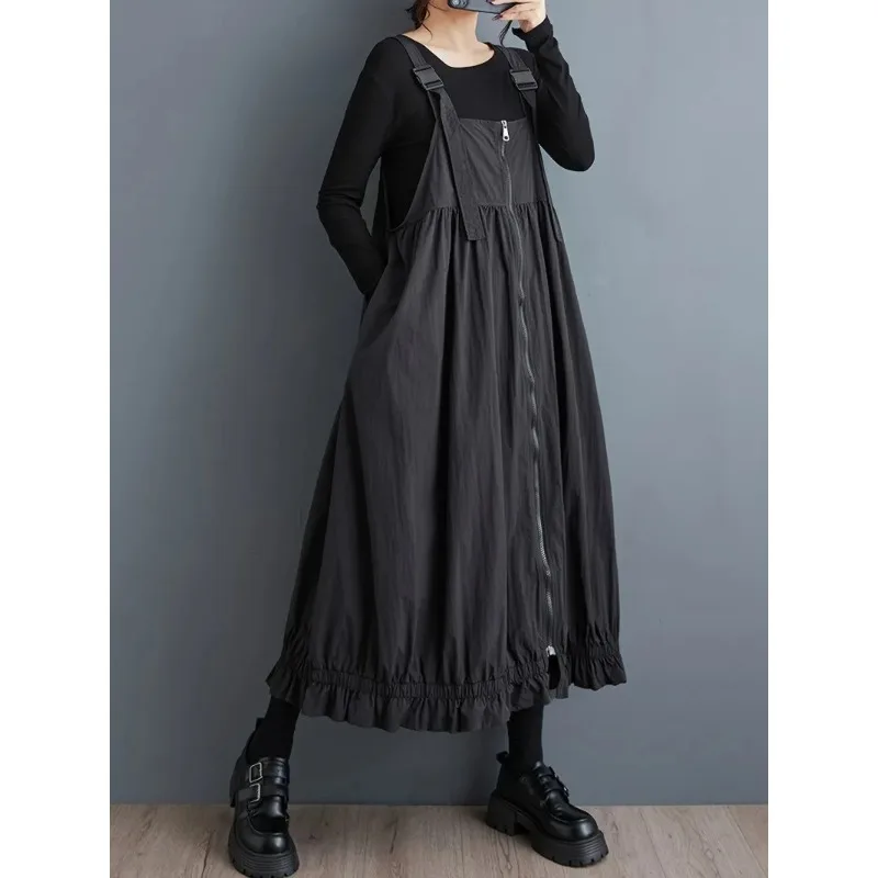 

1pcs Hong Kong Style Solid Color Suspender Dress 2025 Autumn New - Versatile Loose Mid-Length Zipper Casual Dress for Women