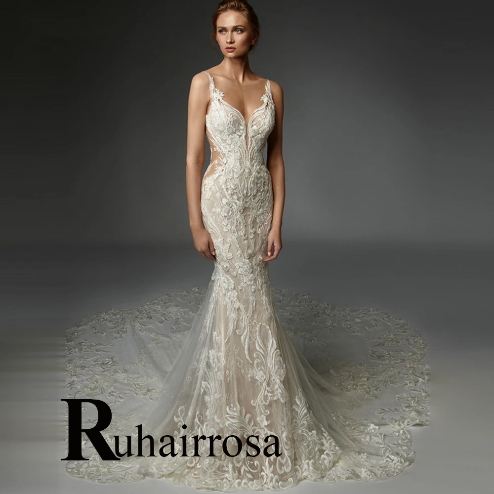 Ruhair Exquisite Tulle Trumpet V-Neck Sheath Backless Wedding Dresses For Women Appliques Lace Robe De Mariée Formal Brides Gown