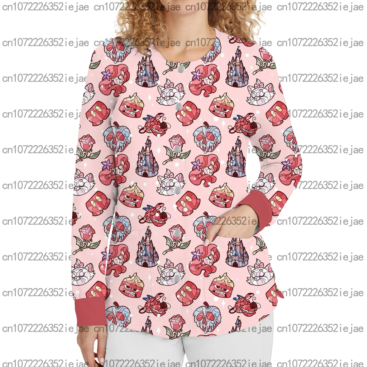 سترة نسائية جديدة لطيف ديزني الكرتون طباعة جولة الرقبة زر متجمد سترة الأسنان الحيوانات الأليفة متجر صالون تجميل ممرضة معطف