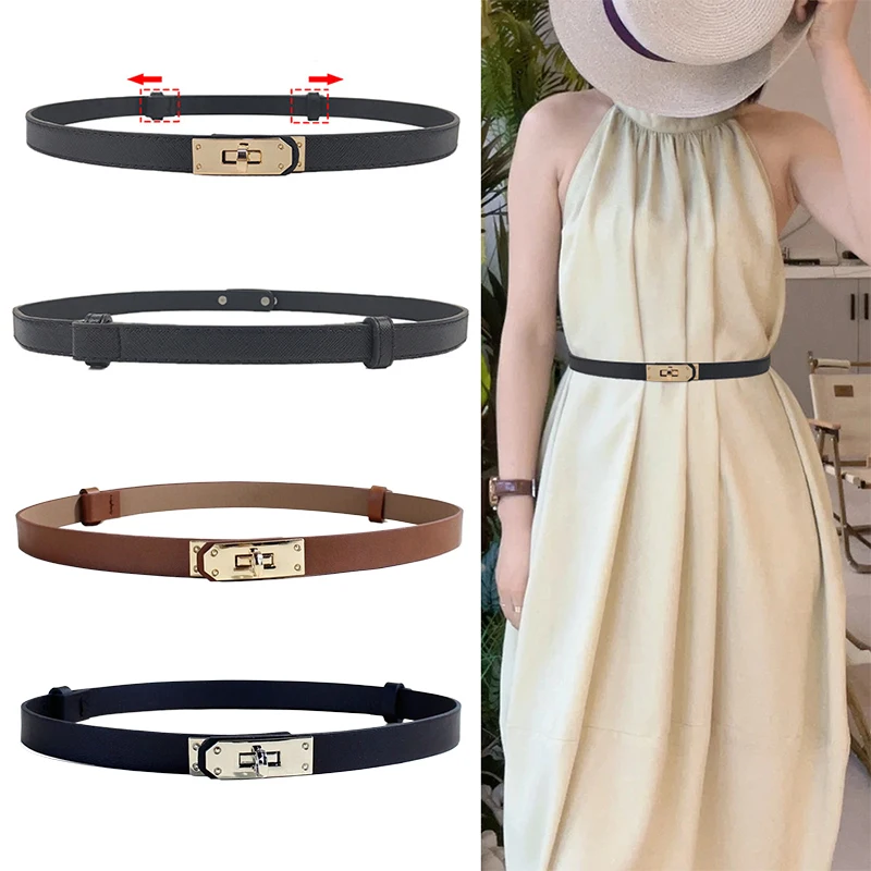 Fashion Adjustable Thin Belt Luxury PU Leather Female Designer Girdle Metal Turn-Lock Waist Belt For Jeans Dresses