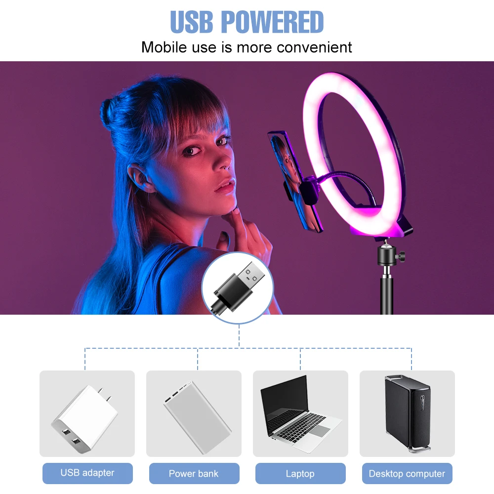 Anillo de luz LED regulable para Selfie, luces de fotografía RGB con soporte para móvil, cámara profesional, luz de Video de maquillaje, lámpara de Selfie, 5V