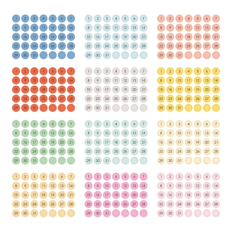 Candy Color Round Label Sticker Daily Number Diary Weekly Planner Stickers for Full Year Schedule Mark Journaling Stationery