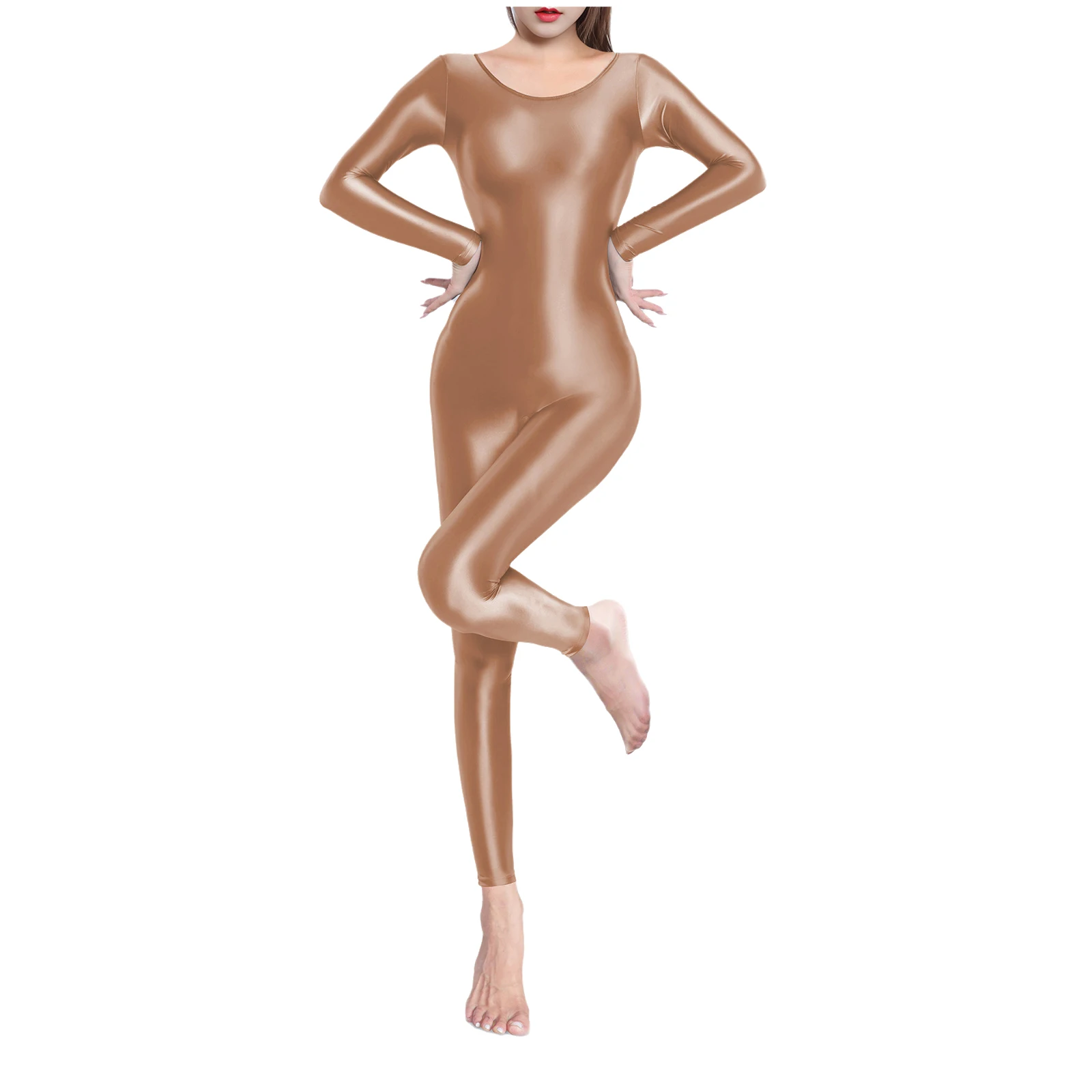 

Womens Glossy Lingerie Bodysuit Long Sleeve Full Length Sexy Jumpsuit Tight Fitting Fun Underwear Stretchy Role Play Club Wear