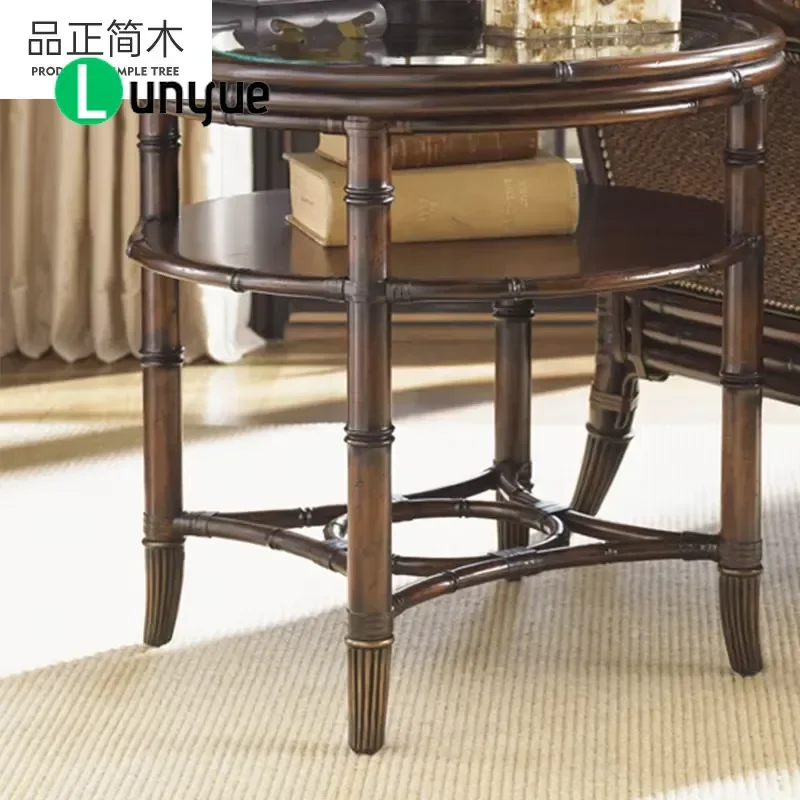 American Country Style Solid Wood Multi Layer Side Table Storage Rack Creative Imitation Old Dark Bamboo Rattan Woven Glass