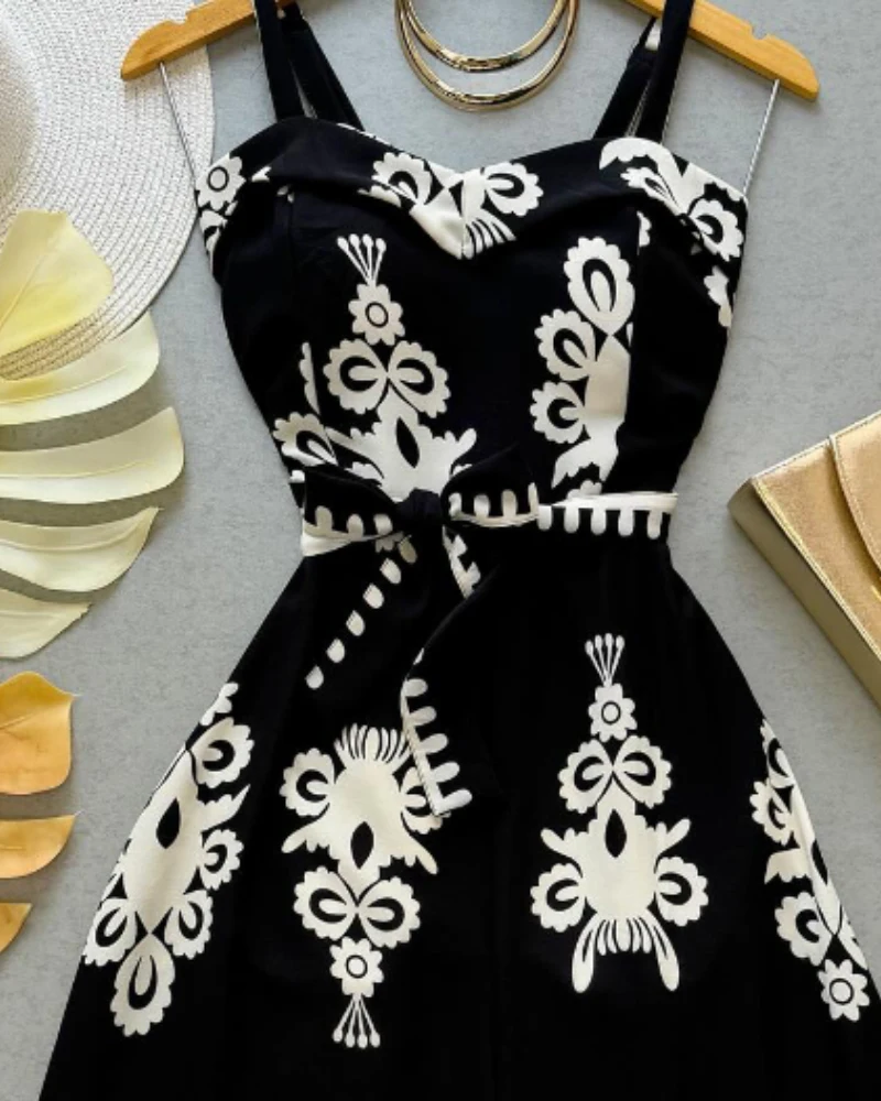 Women's printed striped sleeveless lace up detail vacation dress casual slit A-line Midi dress summer new women's clothing