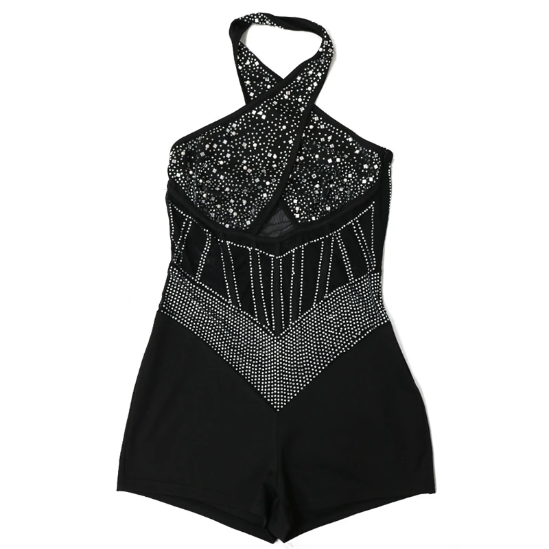 Imagem -05 - Pérolas Diamantes Playsuits Mulheres Sexy Oco Out Cross Halter Backless Sheer Mesh Patchwork Shorts Macacões Clube Festa Romper