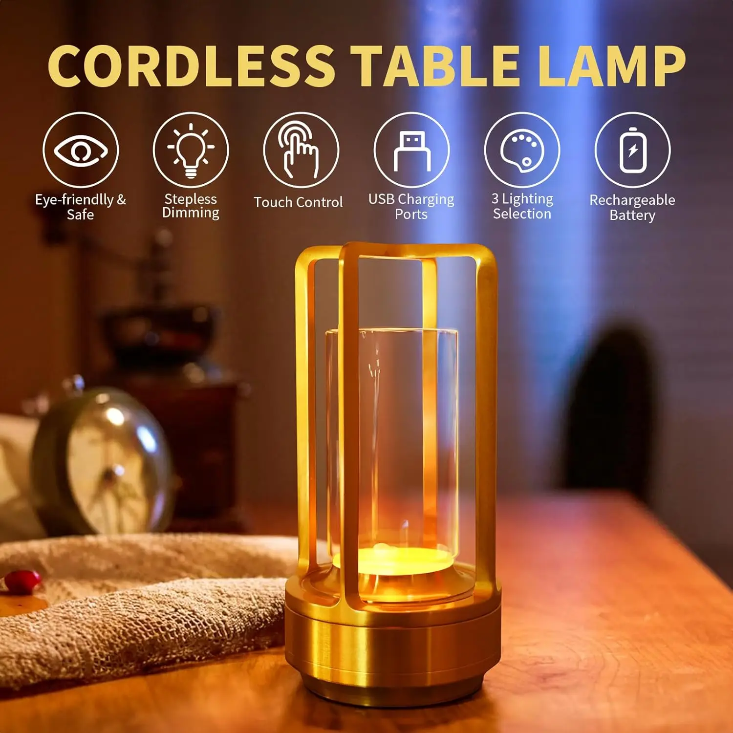 LED Cordless Table Lamp Retro Bar Metal Desk Lamps Rechargeable Touch Dimming Night Light Restaurant Bedroom Home Outdoor Decor