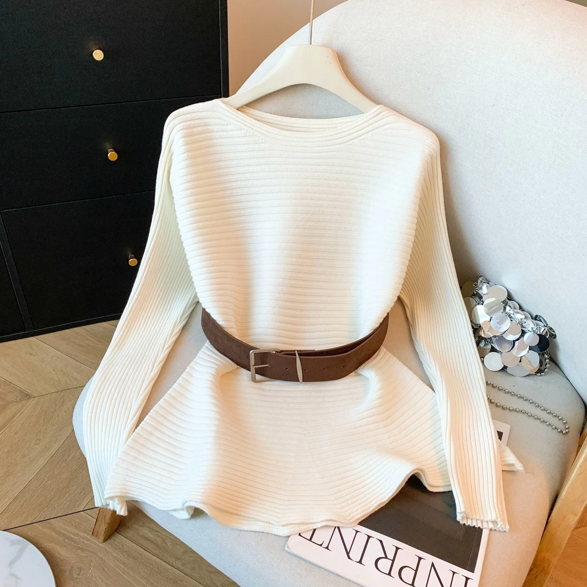 

Ele Knitted Sweater Women's oulder Belted Waist Cinched Autumn Winter Long Sve round Ne Soft Nylon Casual Faion