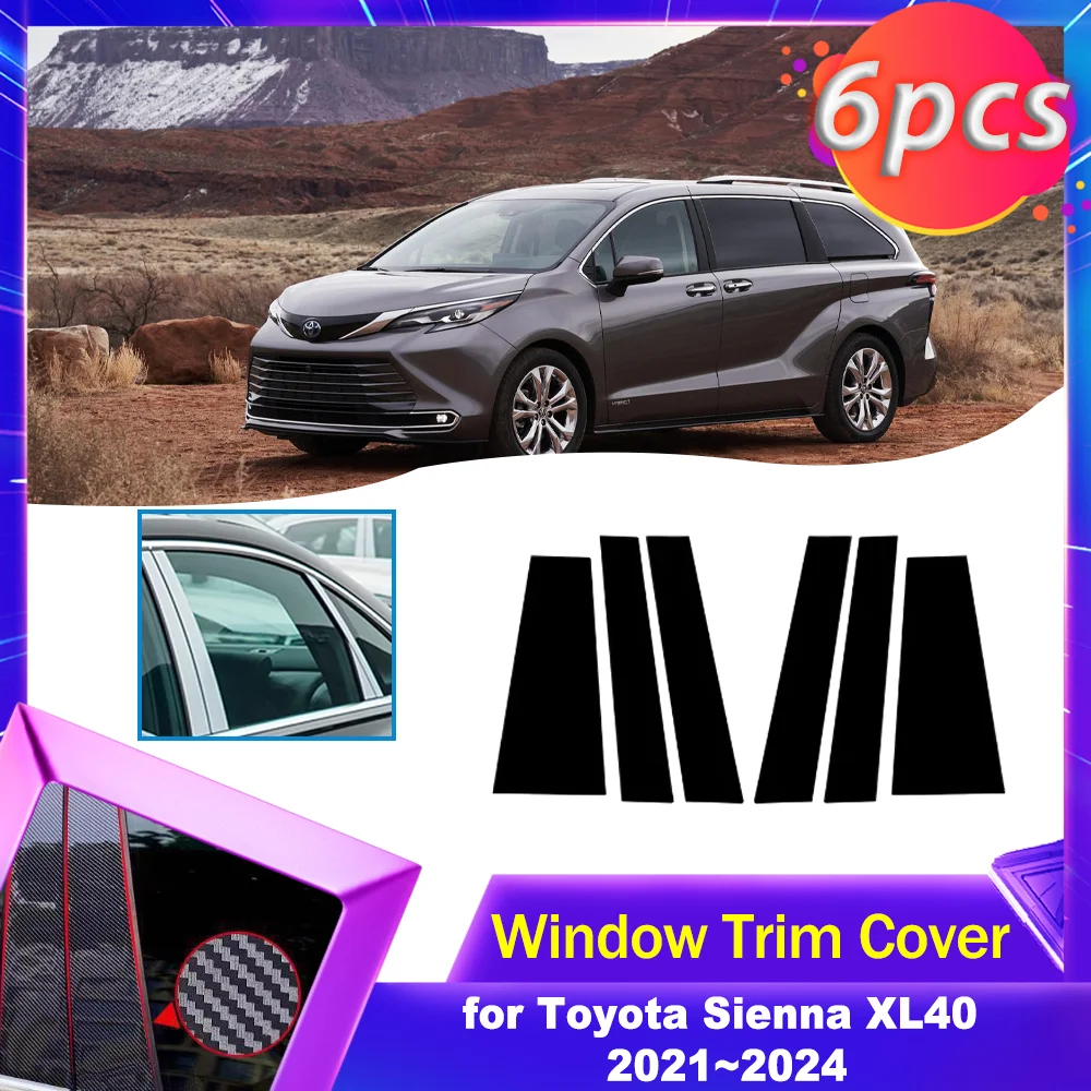 Car Door Window Trim Cover for Toyota Sienna XL40 2021~2024 2022 Black Carbon Fiber Chrome Sticker Pillar Posts Decal Accessorie