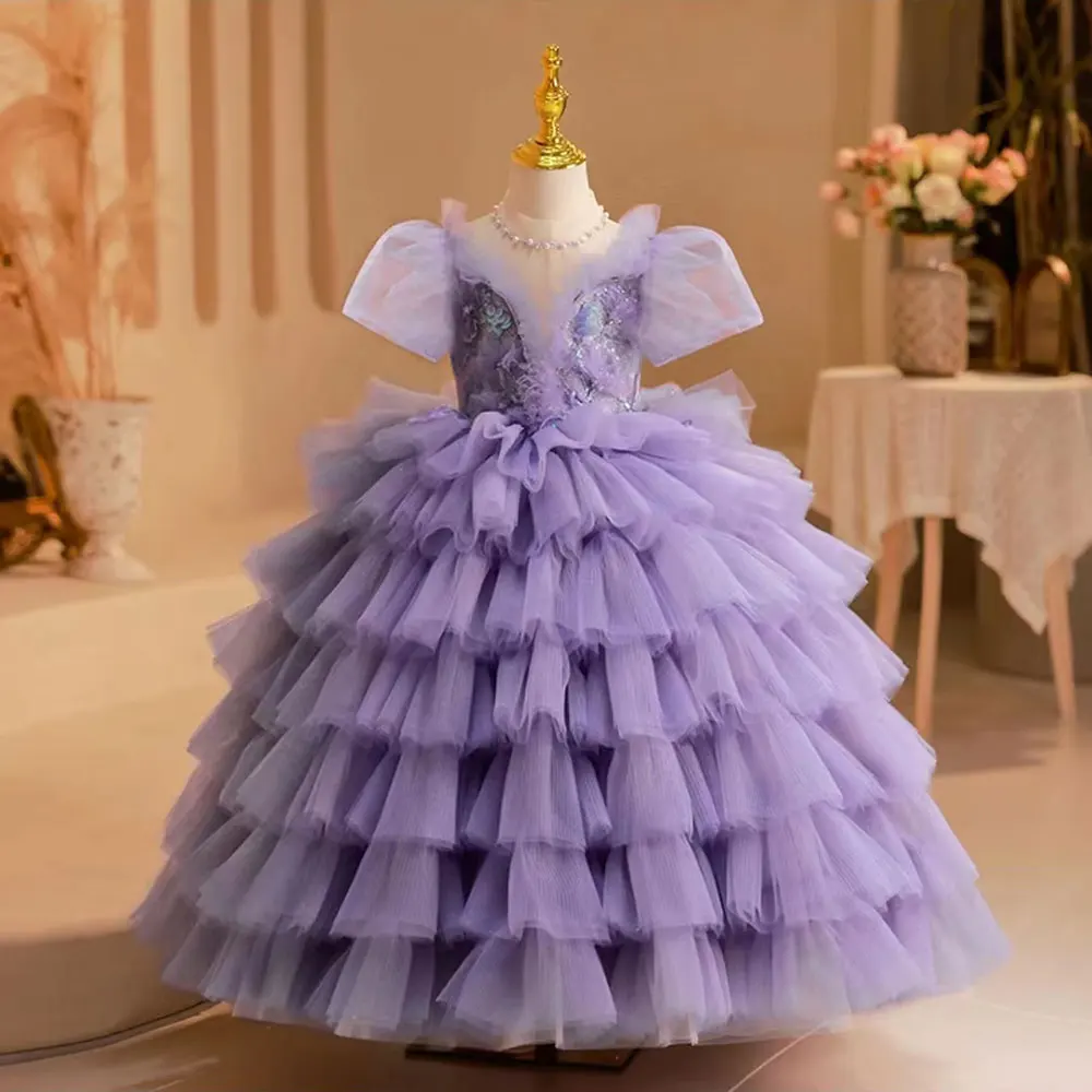 

Jill Wish Elegan Luxury Lilac Girl Dress Beading Arabic Princess Kids Wedding Birthday Party Ball Gown Holy Communion 2025 J244