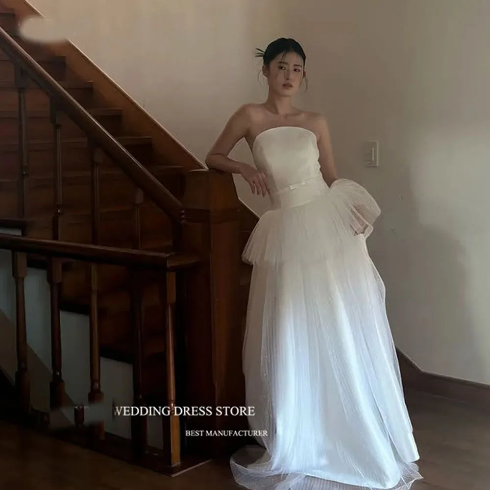 ZHIO Shiny Waist Bow Strapless Wedding Dresses Korea Photo shoot Ball Gown Tiered Princess Floor-Length Bridal Gown Customize