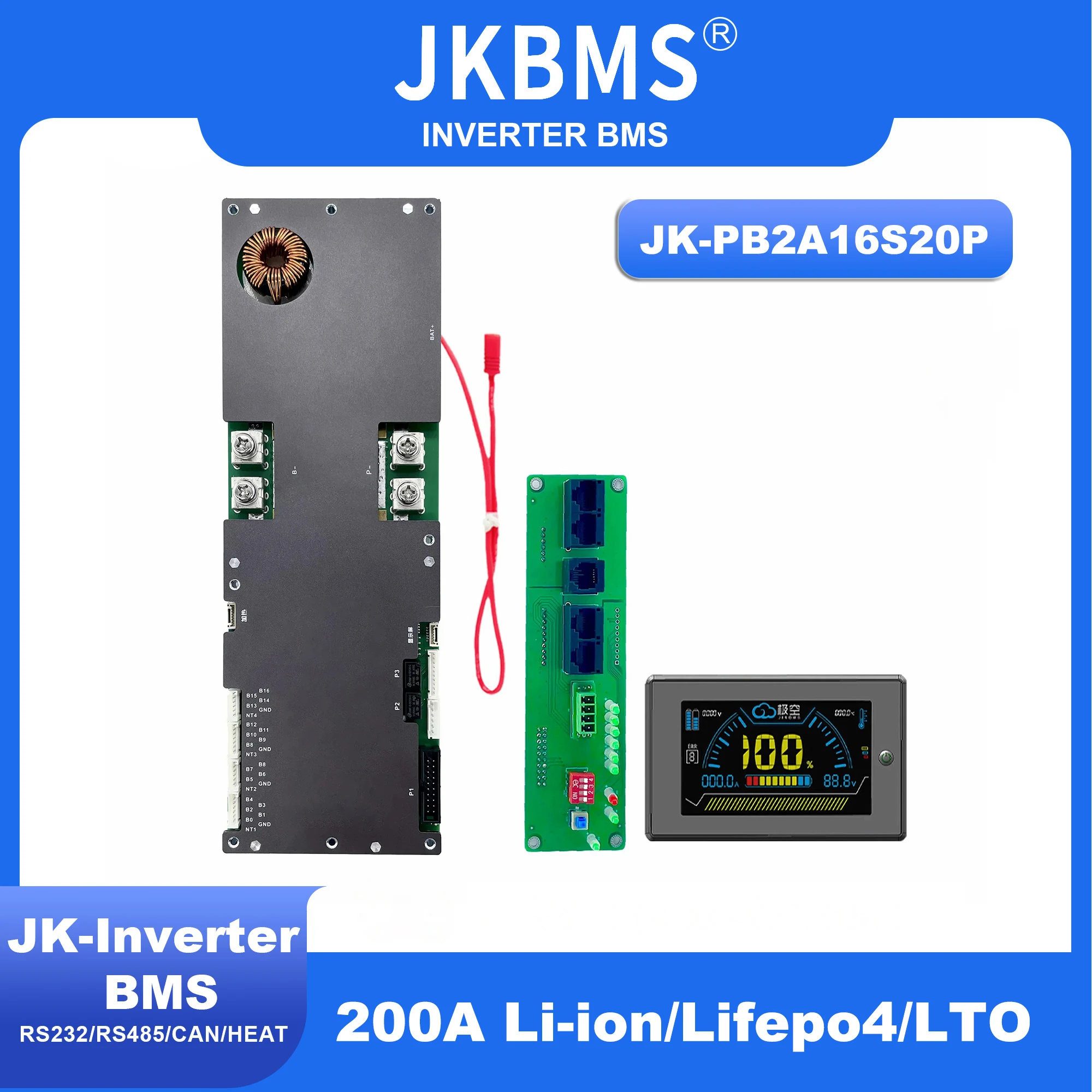 JKBMS PB2A16S20P Inverter Smart BMS 8S - 16S 24V 48V 200A Family Energy Storage Lifepo4/Li-ion/LTO For Growatt Deye Inverter