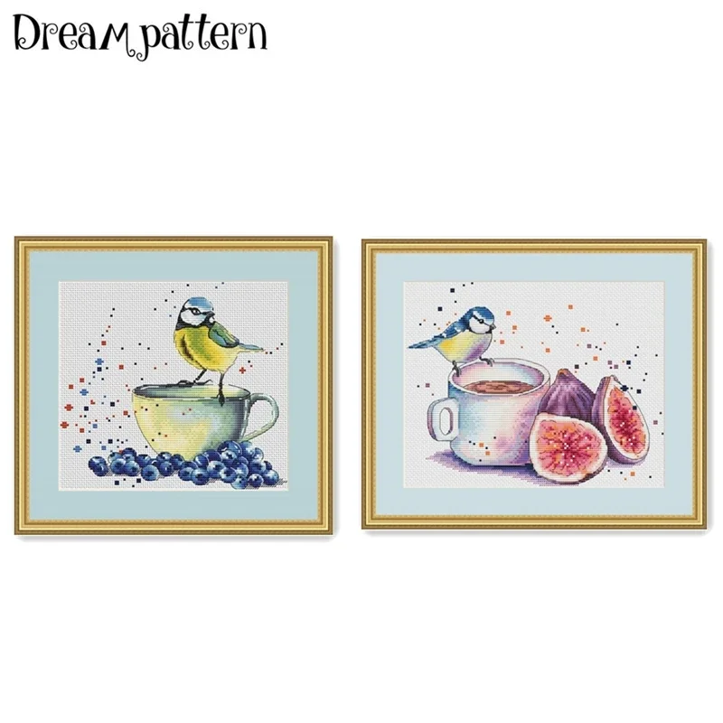 Fig tea with tits cross stitch kits package 18ct 14ct 11ct cloth silk cotton thread embroidery DIY handmade needlework