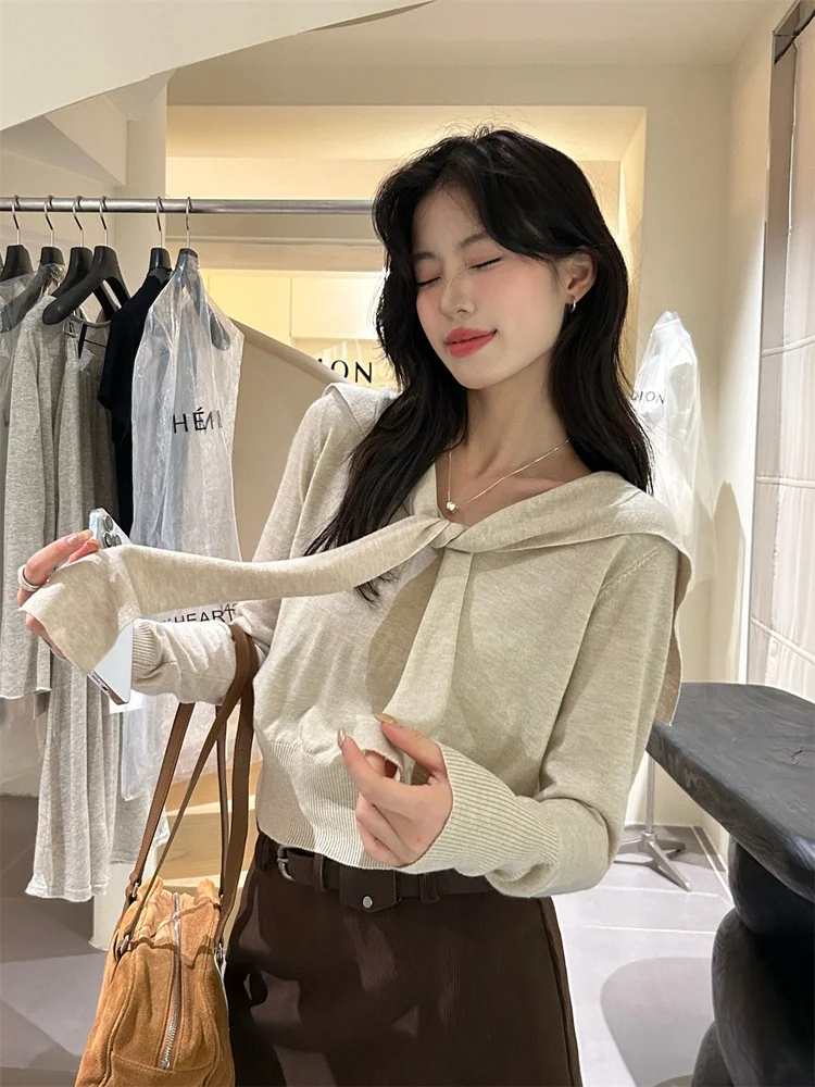 

Lemon een Tea Autumn oulder Wrap Two-Piece Set Knitted Sweater Color Blo Striped Top Women's Faion Korean Sle
