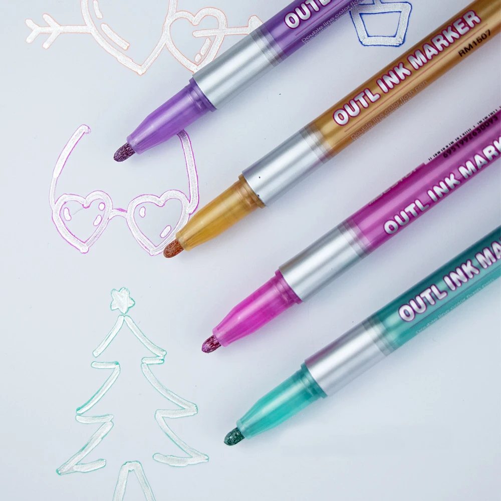 8Colors Double Lines Art Markers Outline Pens Markers Stationery Art Drawing Pens for Calligraphy Lettering Scrapbooking