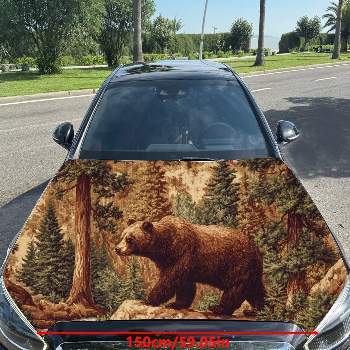 Car Decal Brown Bear with Alert Expression in Forest-Themed Background & Artistic, Lively-Woodland Visual Details Car Hood Stick
