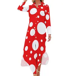 Red White Polka Dot Casual Dress Kusama Yayoi Inspired Aesthetic Dresses Long Sleeve Pretty V Neck Print Big Size Chiffon Dress