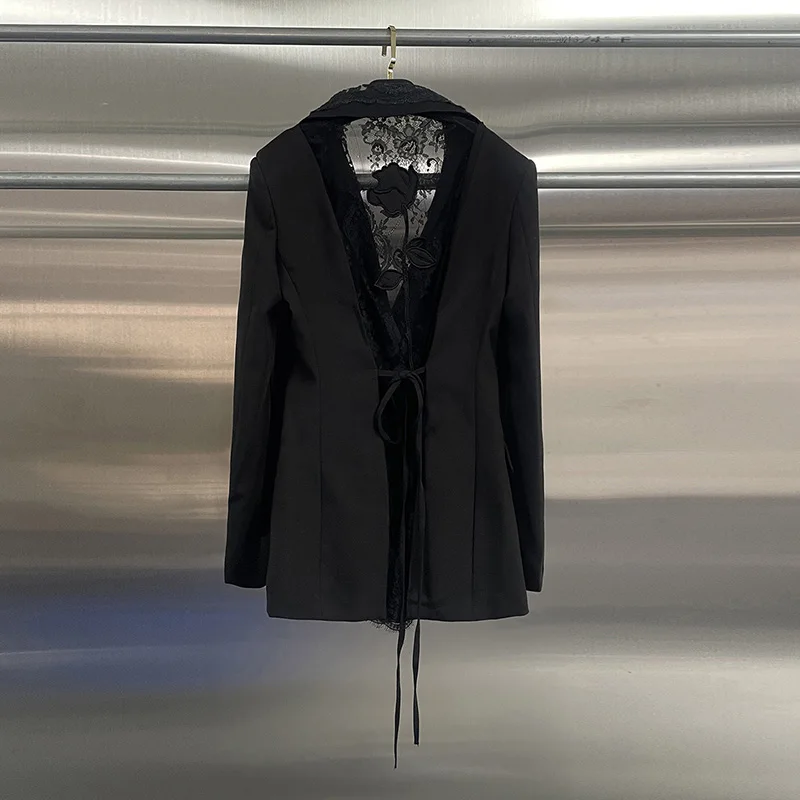 KBQ الصلبة الجوف خارج الدانتيل شيك السترات للنساء التلبيب كم طويل المرقعة جيوب التخسيس السترة الإناث الاسلوب المناسب جديد #2