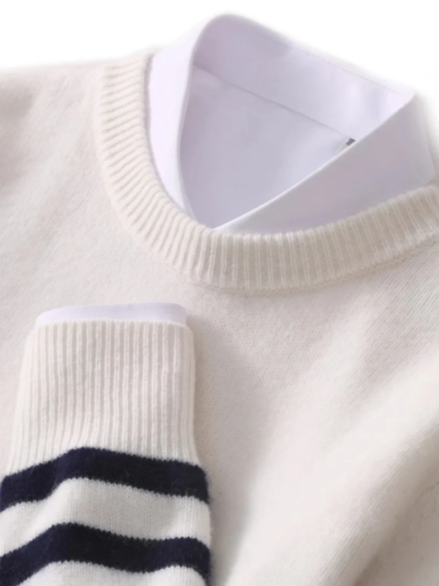

Spring New round Neck 100 Pure Wool Men's Casual Loose Thickened Knitted Sweater Striped Cashmere Base Layer Woolen Shirt