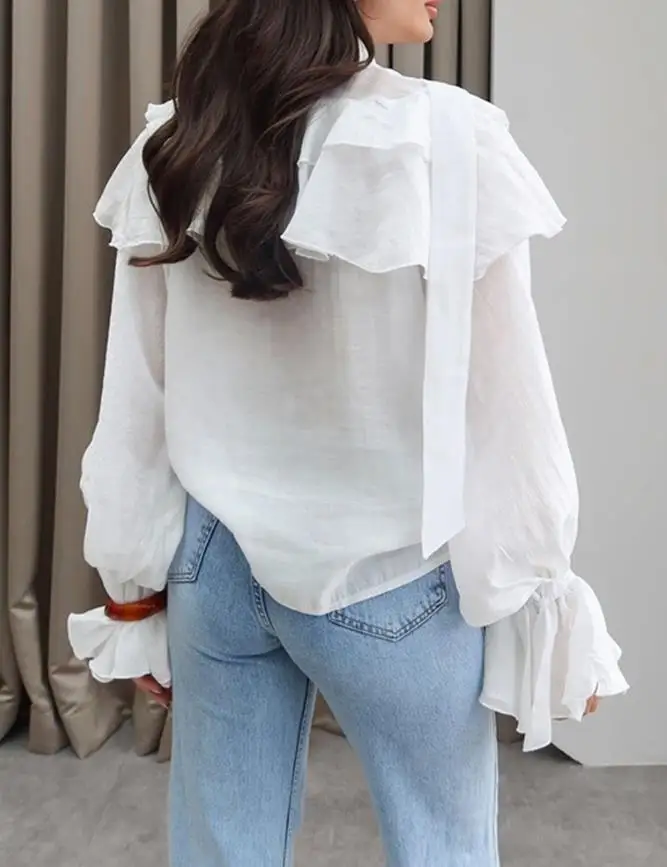 

Woman Blouse 2025 Spring New Solid Color Asymmetrical Ruffles V Neck Tied Detail Blouse Casual Long Sleeve Loose Fit Top