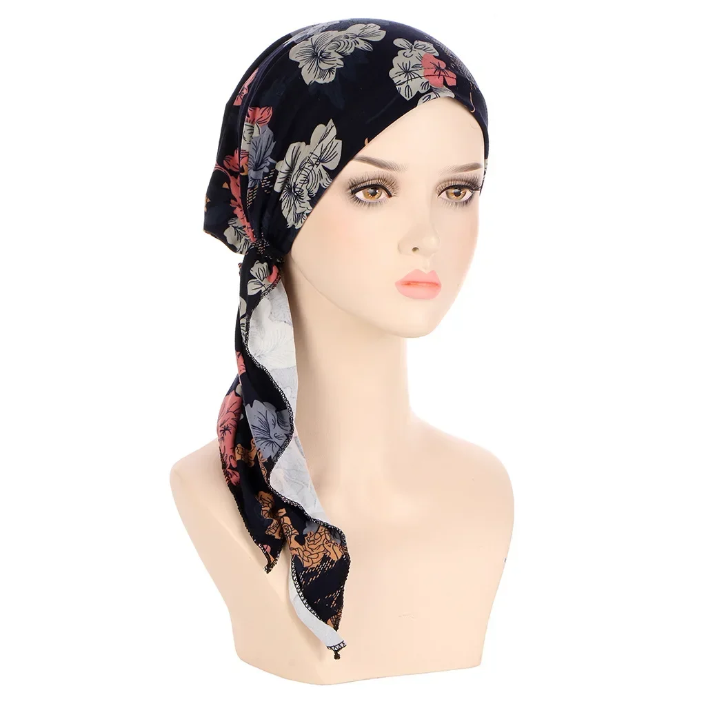 Hot Women Muslim Turban Hijab Cancer Chemo Hat Flower Print Cap Hair Loss Cover Head Scarf Stretch Bandana Wrap Pre-TiedHeadwear