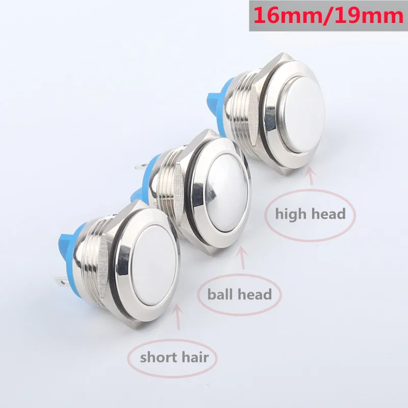 16mm19mm Metal Push Button Switch IP66 Nickel Plated/Stainless Steel Normally Open High/Flat/Spherical Round Head Instant Reset