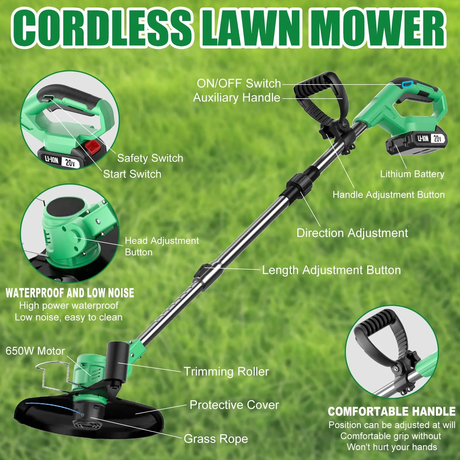 20V Battery-Powered Cordless Electric Grass Cutter DIY Grade Garden Trimmer With Folding And Telescopic Handles