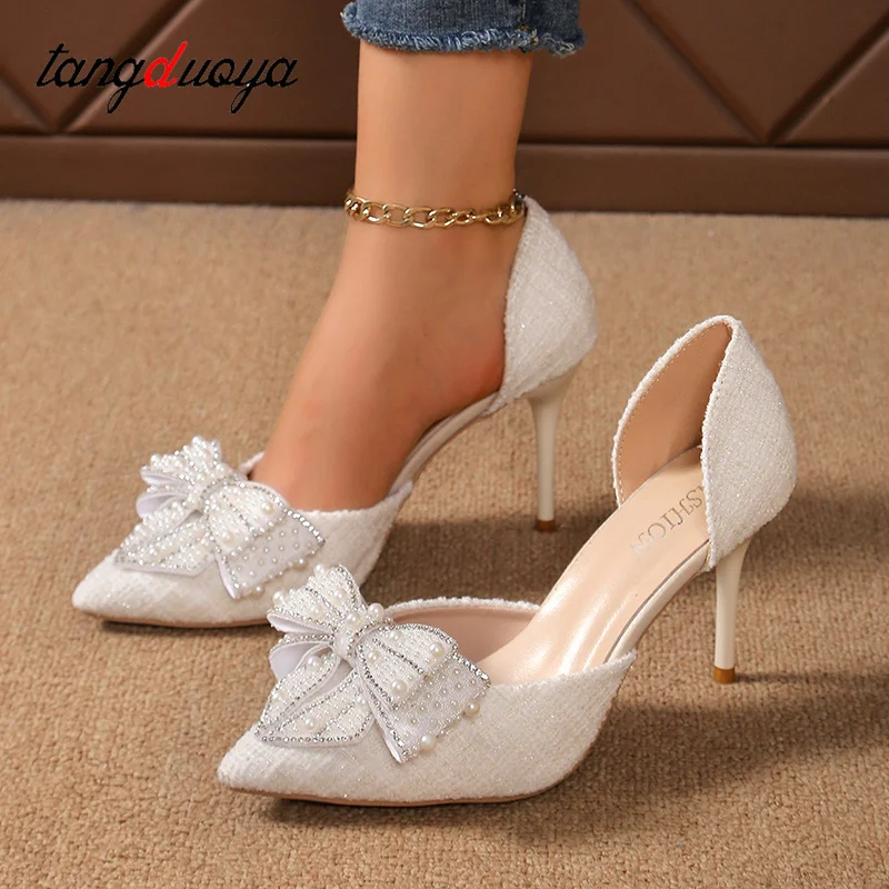 Luxury Women\'s Shoes Bow High Heels Stiletto Heels Wedding Shoes Pointed Head Side Empty Thin Shoes  Elegant Woman Single Shoes