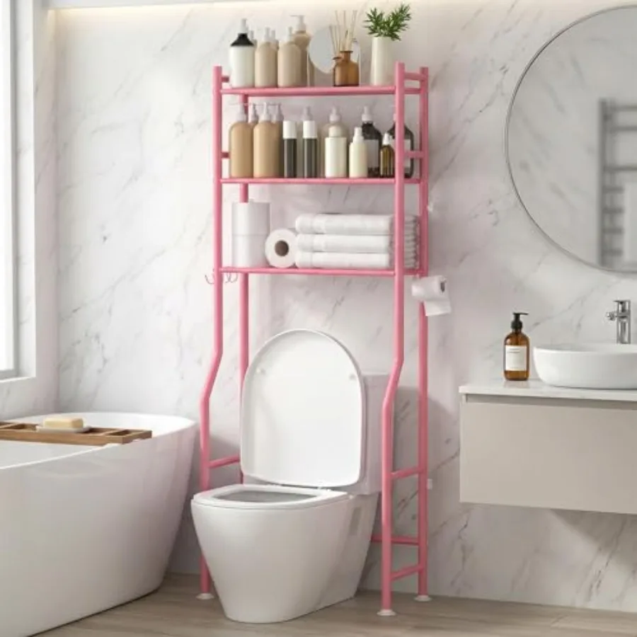 

Over Toilet Storage with Anti-Tilt Safety System - 150lb Total Capacity Metal Bathroom Shelves Including Paper Holder and 4 Hoo