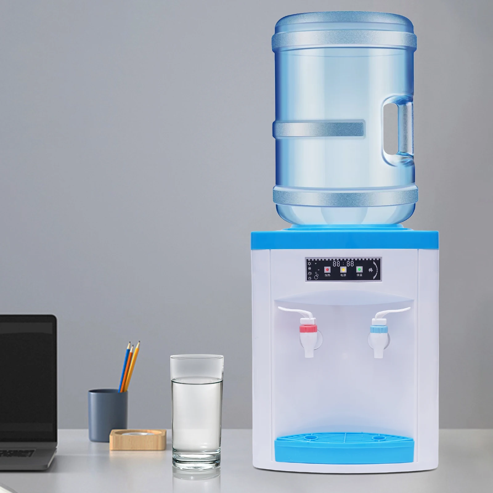 

Hot Cold Normal Water Dispenser White Blue PP Stainless Steel Desktop Freestanding
