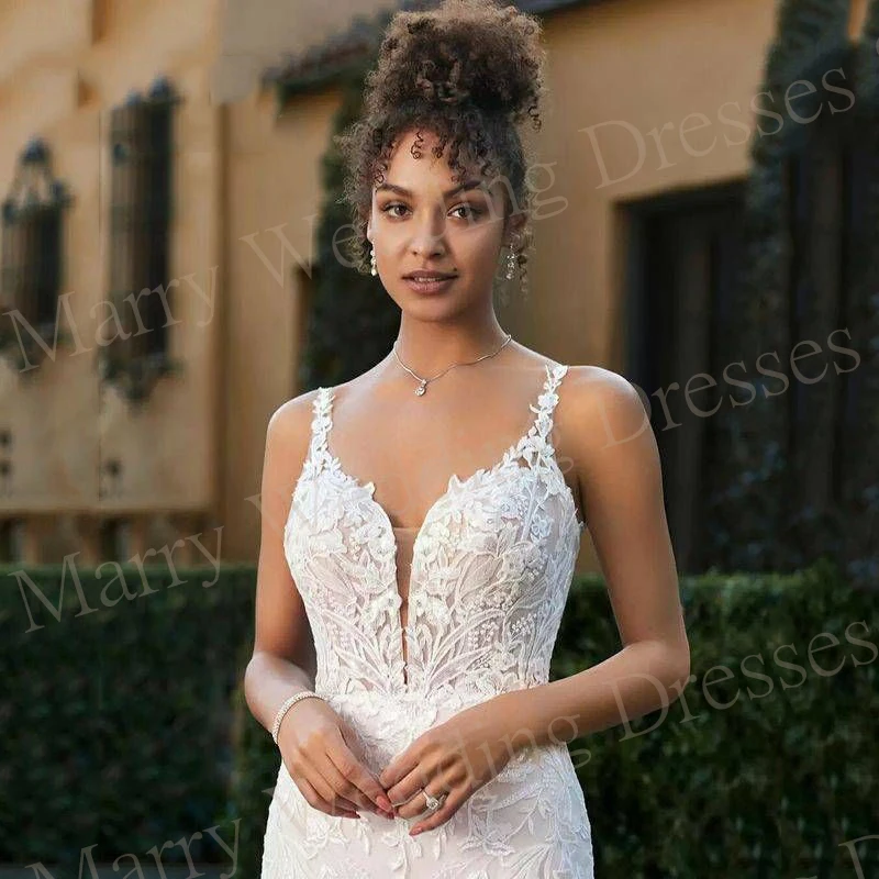 Elegante Meerjungfrau wunderschöne Brautkleider sexy Spaghetti träger Spitze Applikationen rücken frei Schatz Braut Kleider Vestidos de Novia