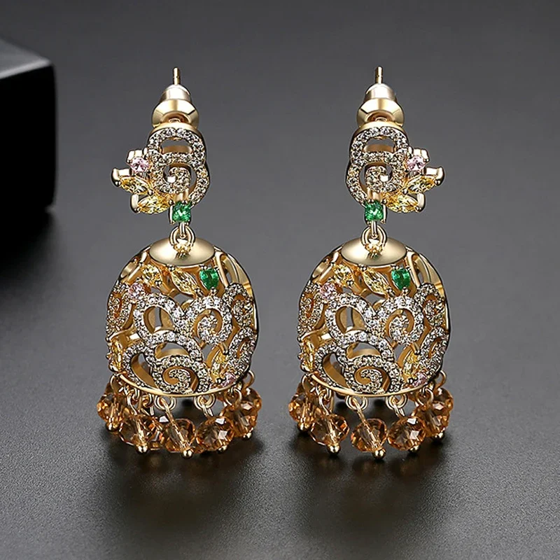 Luxury Jhumka Crystal Zircon Bell Drop Dangle Earrings Indian Jewelry Vintage Jhumki Ethnic Gypsy Beads Tassel Earring Bollywood