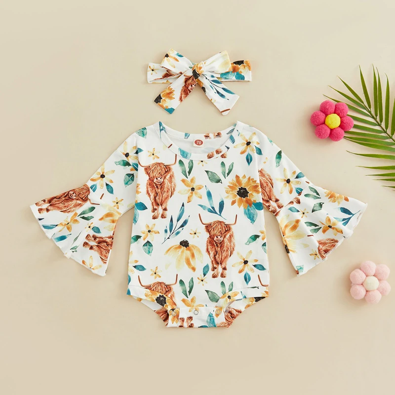 Western Outfits Baby Girl 2Pcs Clothes Flower/ Cactus Print Long Flared Sleeves Round Neck Bodysuit Jumpsuit with Headband