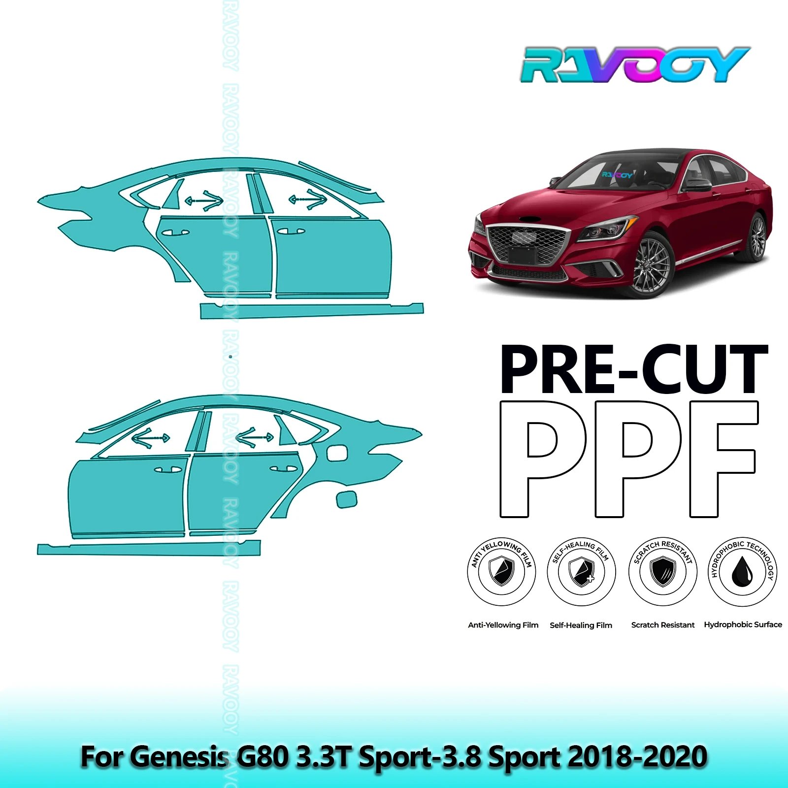 

For Genesis G80 3.3T Sport-3.8 Sport 2018-2020 8.5mil Pre-Cut PPF Door & A/B Pillar Kit TPU Paint Protection Film Set