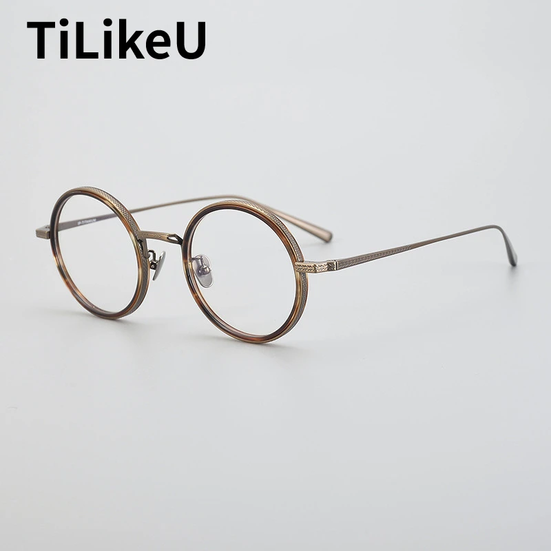 

Pure Titanium Eyeglass Frame of Men Women Retro Round Myopia Prescription Glasses Luxury Handmade Acetate Optics Spectacle Frame