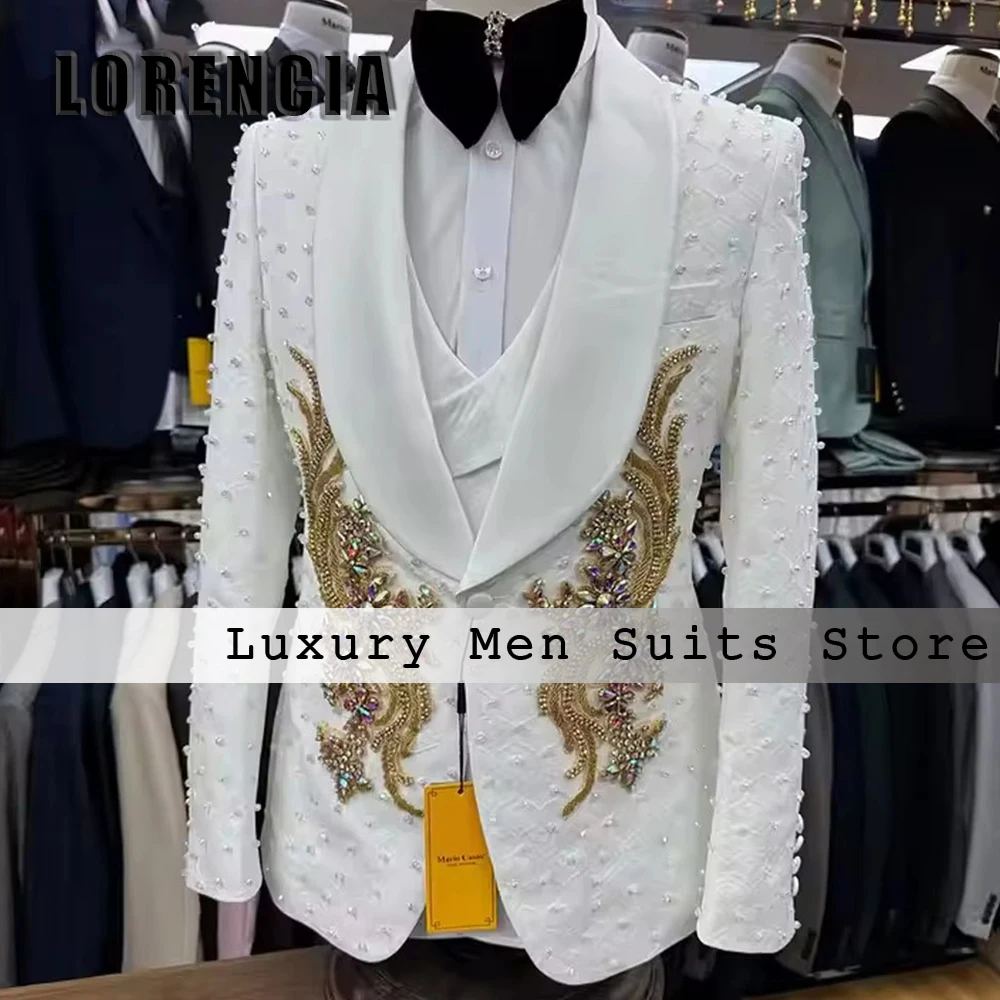 

Luxury Diamond Suits for Male 3 Pieces Shawl Collar Pearls Wedding Groom Tuxedos Customized Blazer Pants Vest roupas masculinas