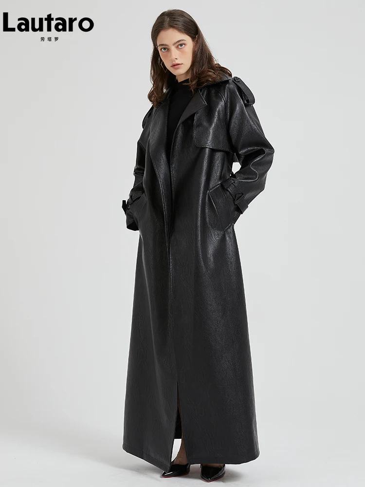 Lautaro Frühling Herbst Extra Lange Braun Pu Leder Trenchcoat für Frauen Schärpen Luxus Chic Mantel Runway Europäischen Mode 2024