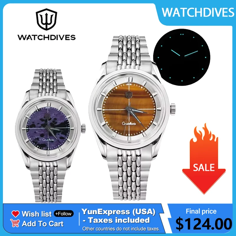 Часы Watchdives WD1954 с кварцевым механизмом VH31, секундной стрелкой, из нержавеющей стали, с сапфировым стеклом, светящимися элементами Luminova, водонепроницаемые, с камнем тигровый глаз