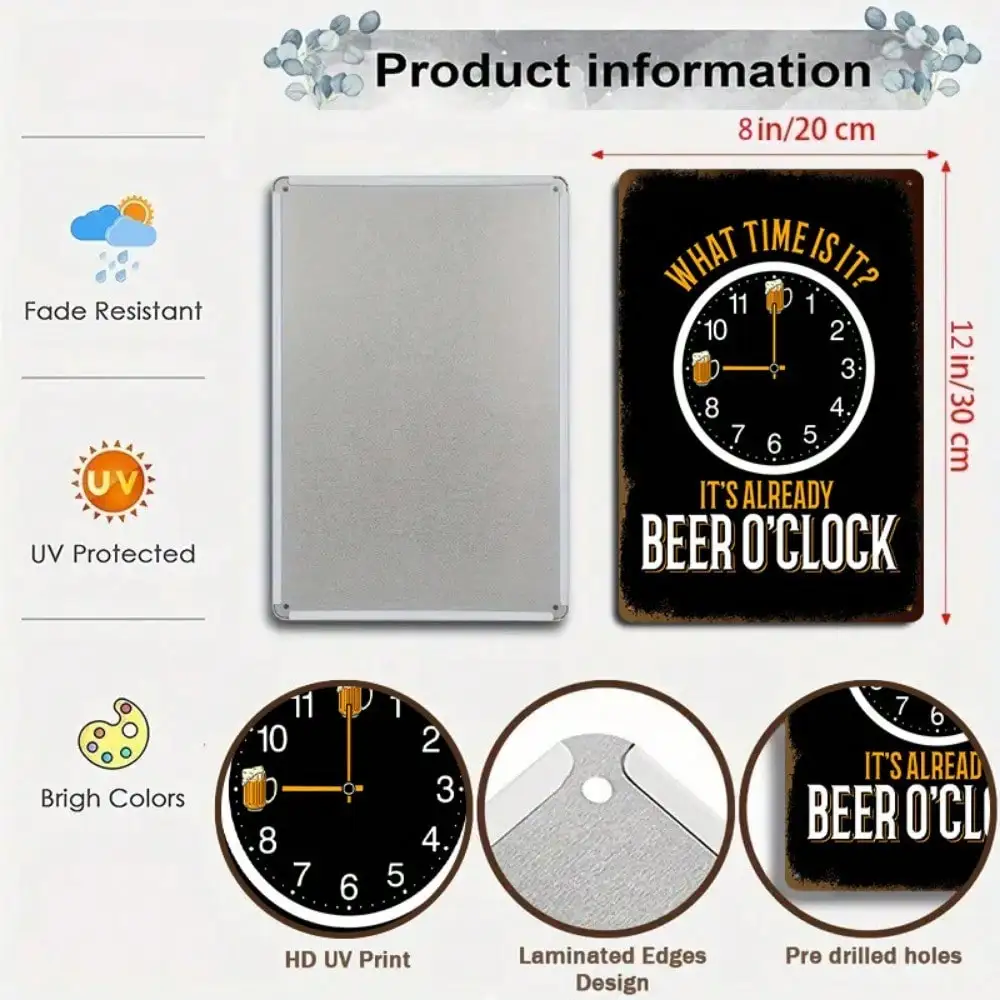 1PC Tin Sign Beer O'Clock - Vintage Bar/Home Pub Decor, Hand-Drawn Clock & Beer Glass, 8x12in/20x30cm