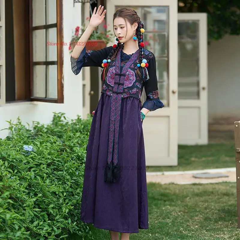 2024 chinese vintage sleeveless dress national flower embroidery patchwork dress traditional vintage oriental ethnic folk dress